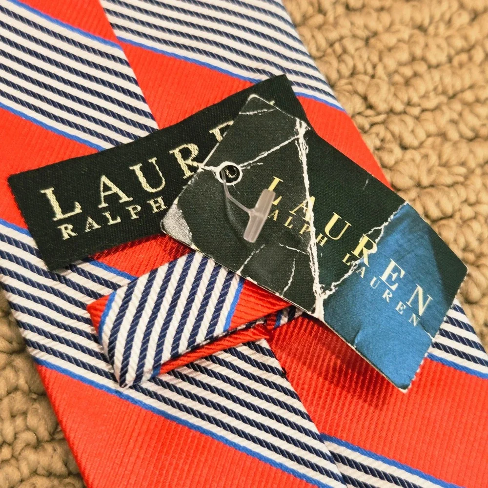 Lauren Ralph Lauren Tie Mens Vibrant Orange Blue Striped Silk Repp‎ Necktie New